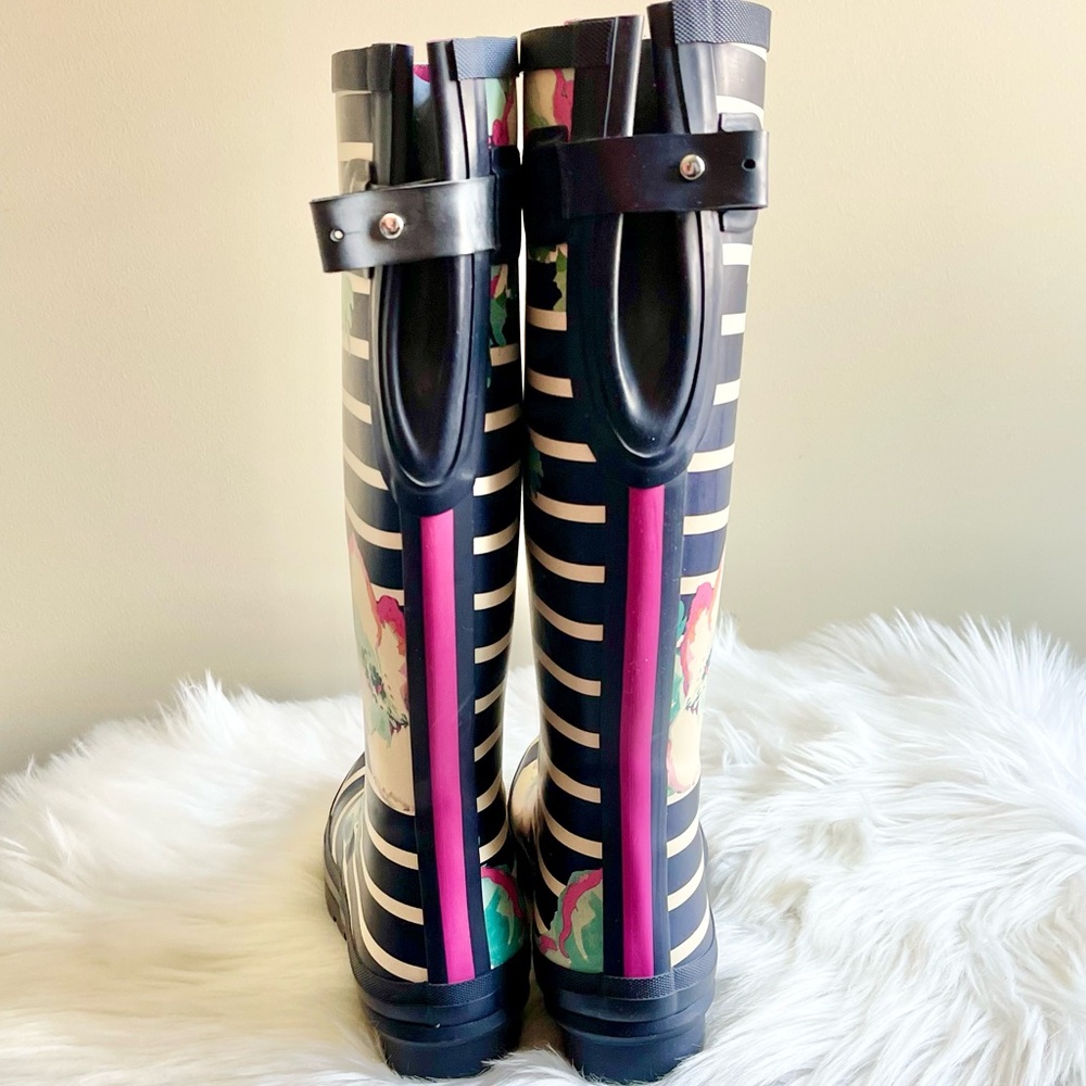 Joules Tall Welly Knee High Rain Boots - Navy Floral Stripe - Picture 5 of 7